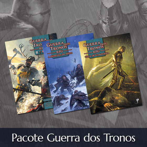 imagem com capas dos 3 livros do Pacote Guerra dos Tronos RPG, Guia de Campanha e Patrulha da Noite