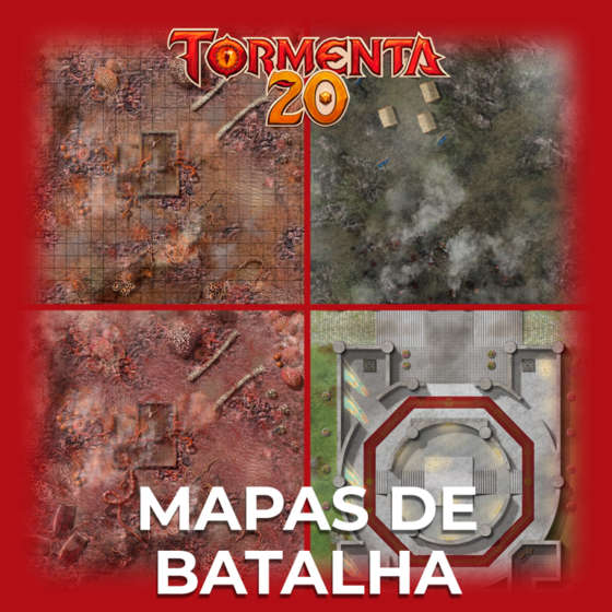 4 miniaturas quadradas de imagens de mapas, em cima logo de Tormenta 20 e embaixo texto Mapas de Batalha